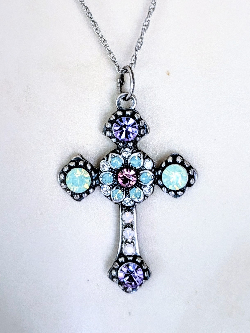 MARIANA CROSS NECKLACE PENDANT Purple & Aqua Crystal & Sterling Silver Chain 18"